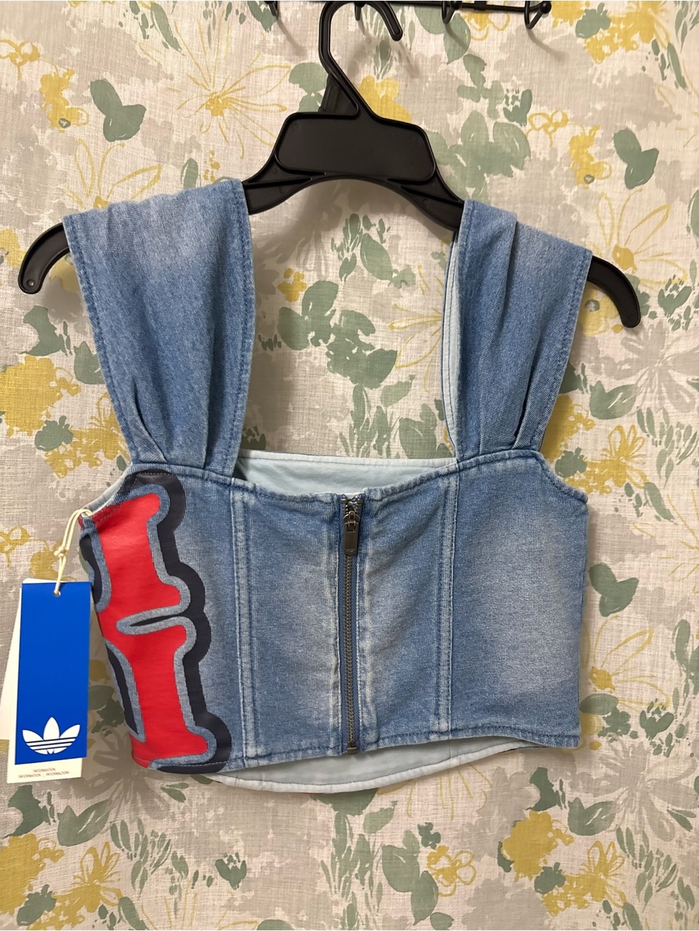 adidas Light Blue Denim Crop Top with Red & Navy Graphics - Picture 2 of 2